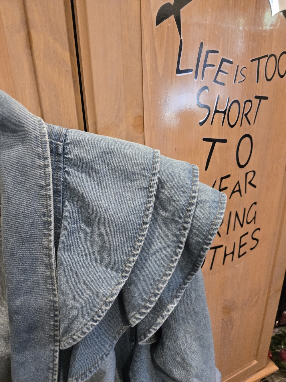 Light Blue Denim Jean Jacket with Ruffled Shoulder - Picture 2 of 3